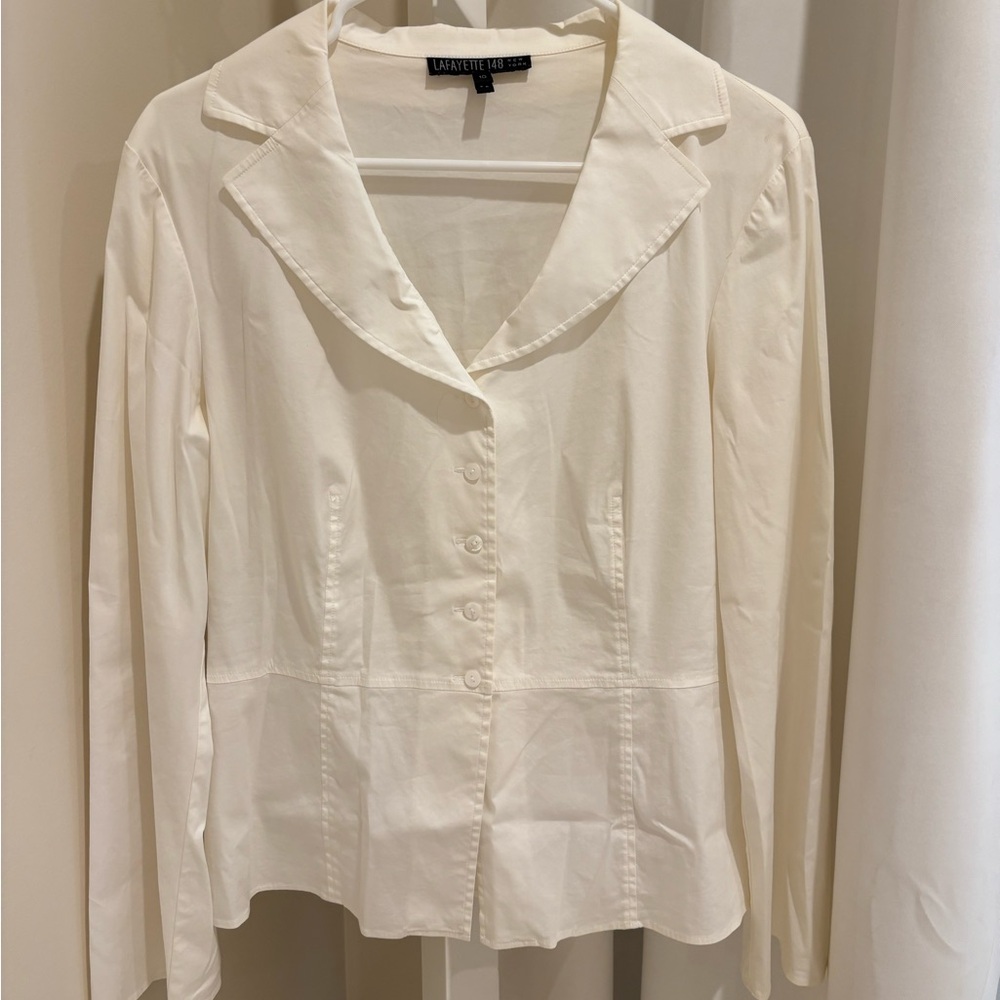 Lafayette 148 New York Cream Button Down Shirt Fitted Notched Collar Bell Sleeve